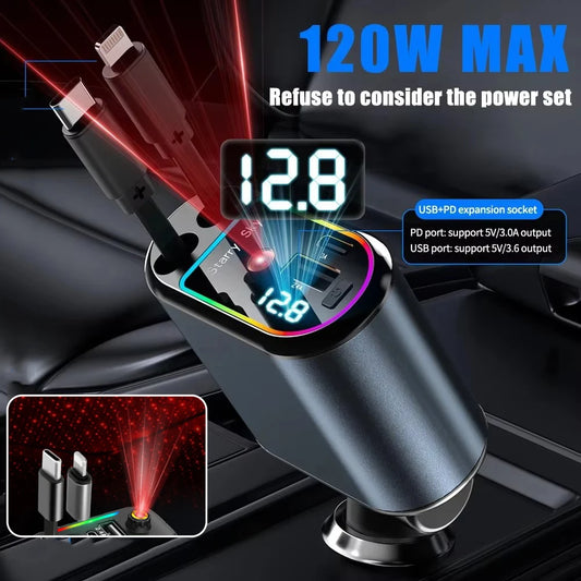 Chargeur voiture câble rétractable 4-en-1 avec ou sans lumière Starlight – PD30W !